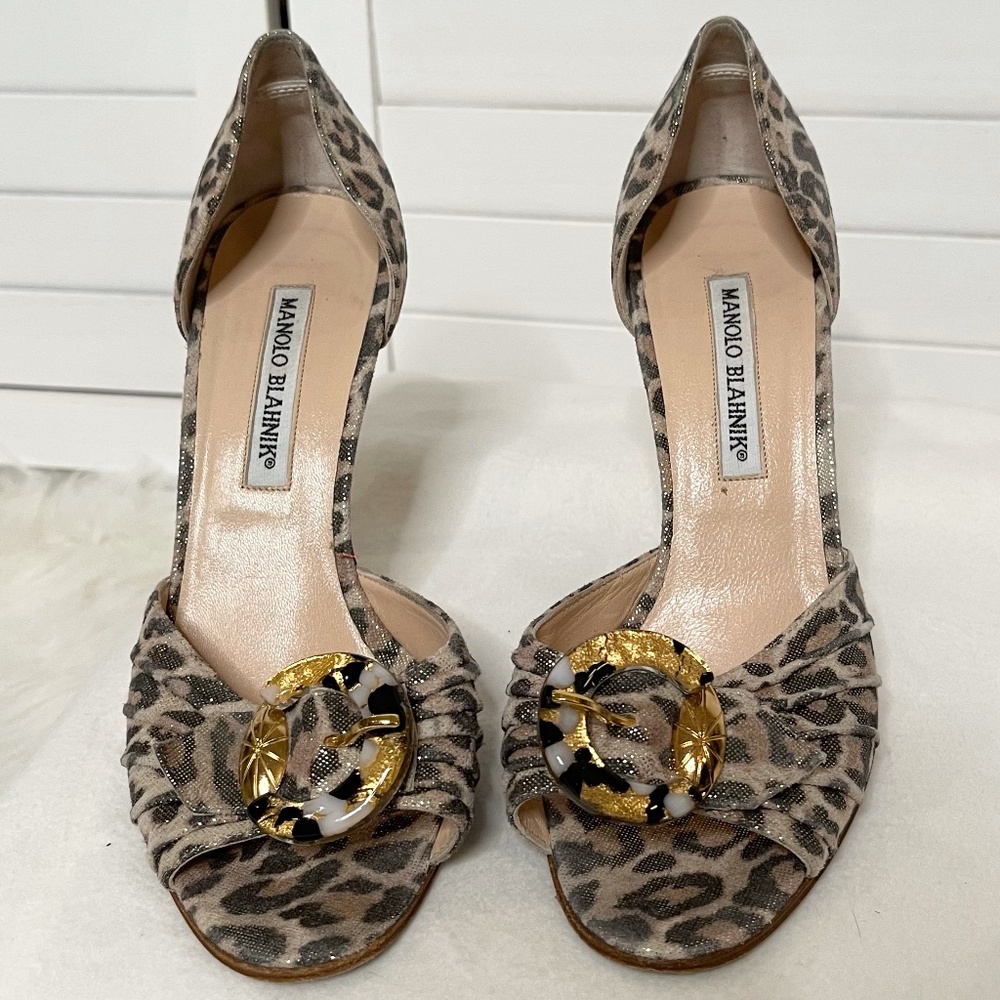 MANOLO BLAHNIK Leopard Open Toe Heel Size 36.5